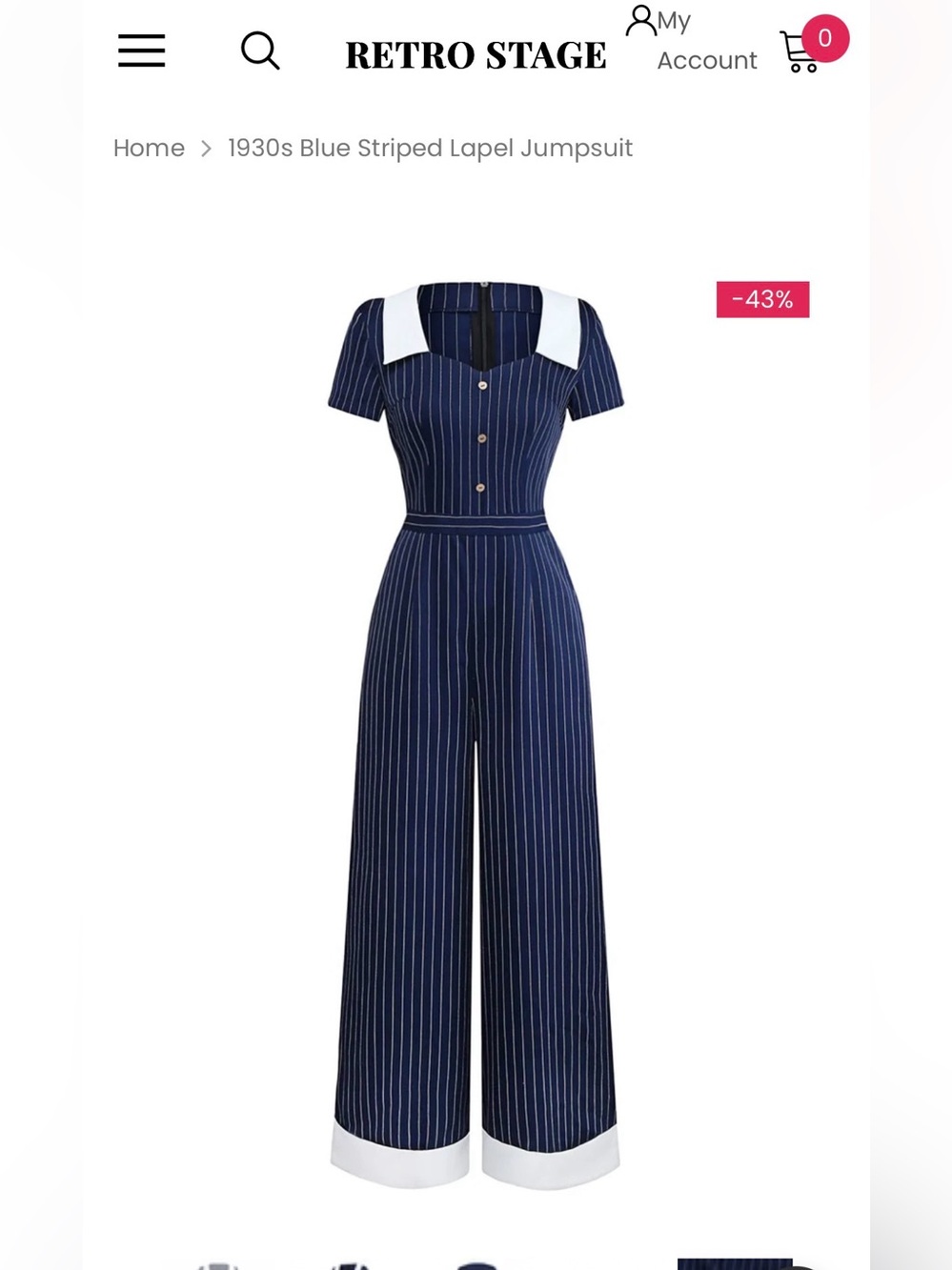 Retro Navy Pinstripe Short-Sleeve Wide-Leg Jumpsuit with Contrast Collar